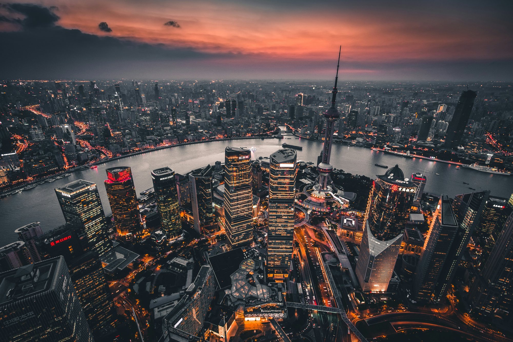 Riverfront skyline in China at dusk